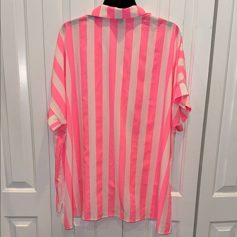 SHEIN Neon Pink & White Vertical Stripe Short Sleeve Button-Down Shirt - Picture 4 of 4